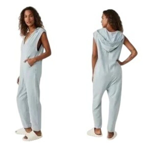 Free People Movement Nothing But Sweats Pastel Blue Hoodie Jumpsuit - Picture 1 of 11